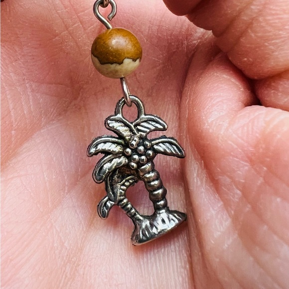Vintage Palm Tree Dangle Earrings with Wood Accents - Picture 2 of 4